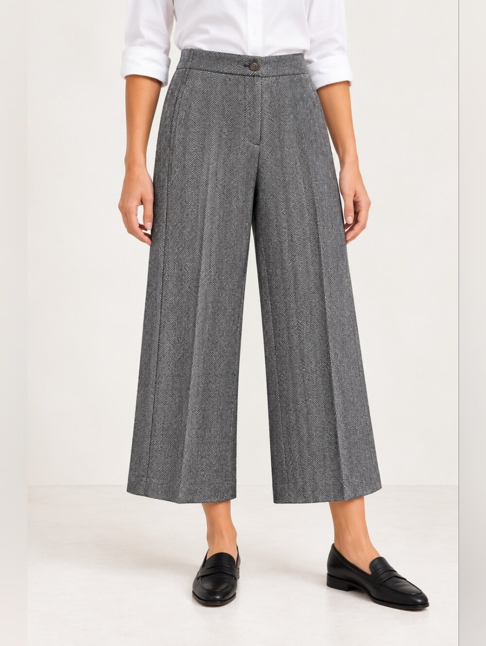Ann Taylor Petite 10P Herringbone Cropped Wide Leg Pants Black White Woven